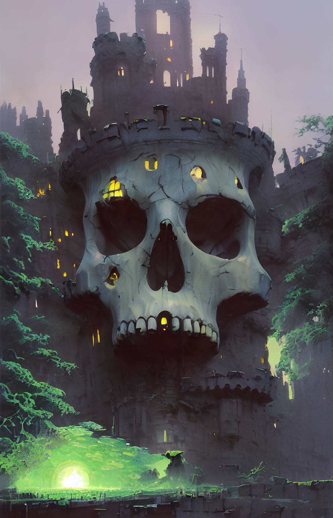 Skull-shaped structure with glowing windows amidst overgrown ruins and vegetation at dusk