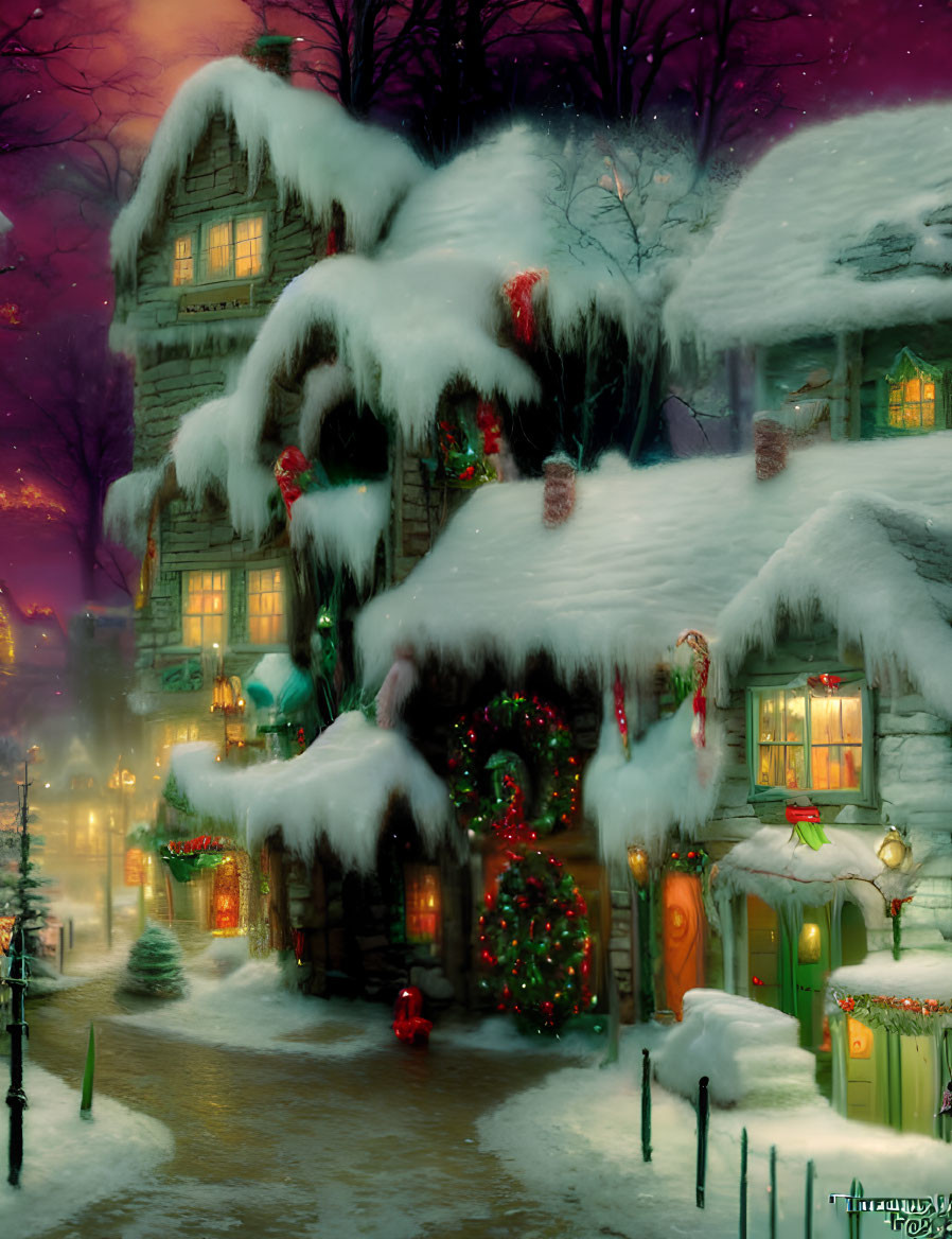 Snow-covered building with Christmas decorations in festive winter scene