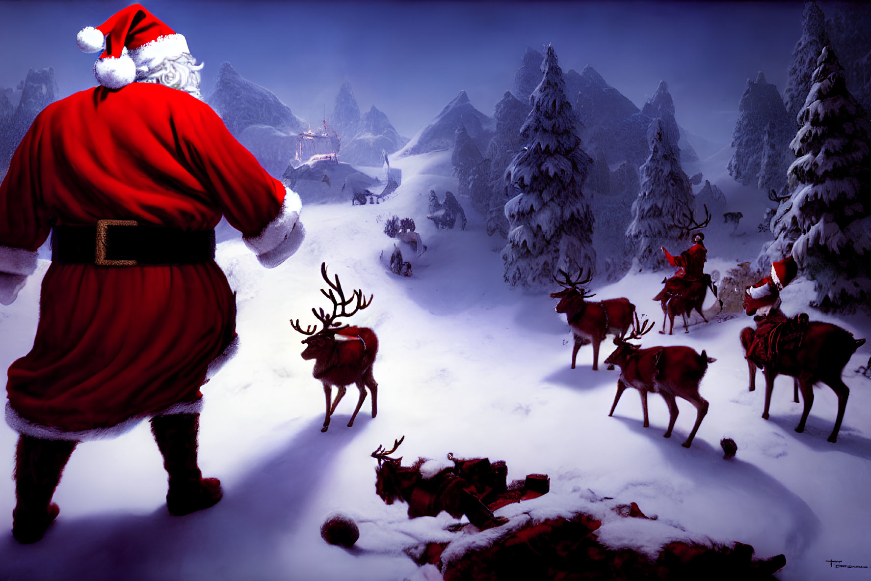 Santa Claus with reindeer in snowy landscape under deep blue sky