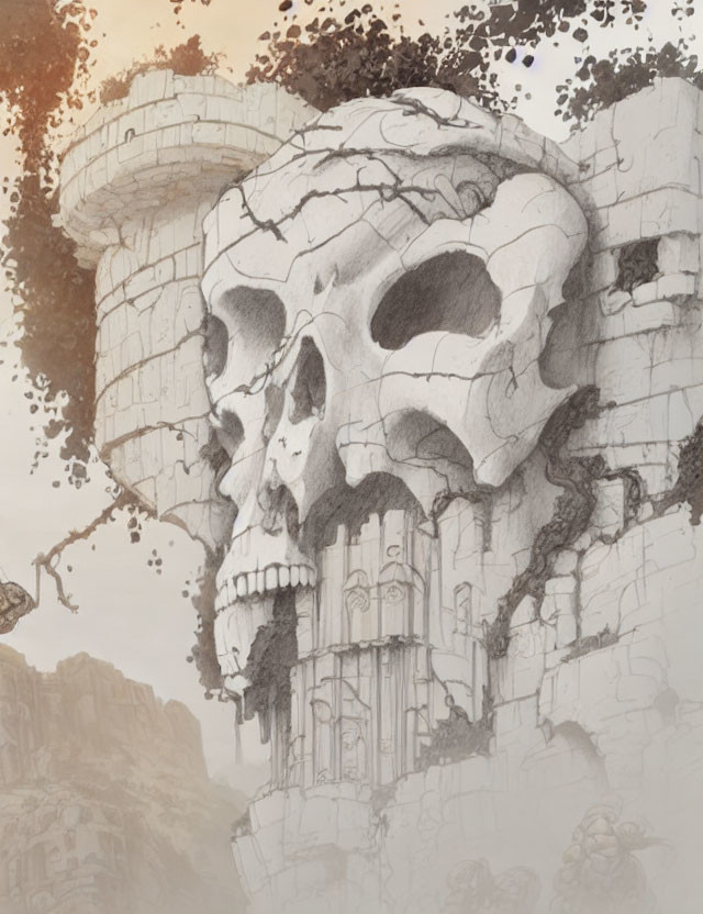 Skull-shaped mountain with integrated castle, cliffs, and floating debris in sepia tones