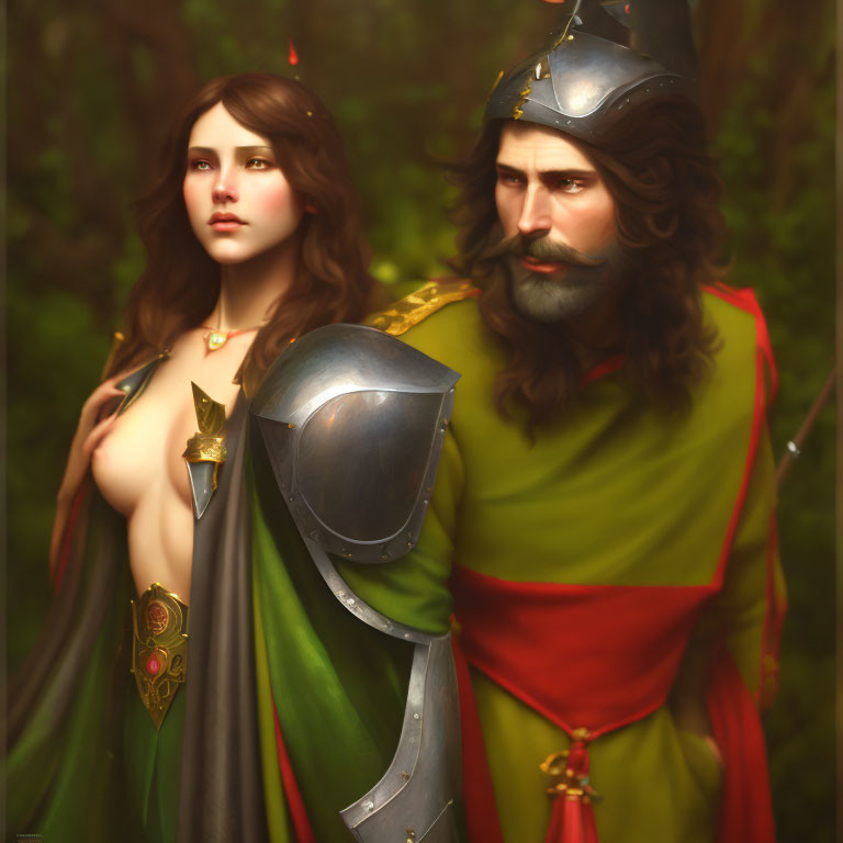 Knight in armor and woman with elf-like ears in fantasy illustration