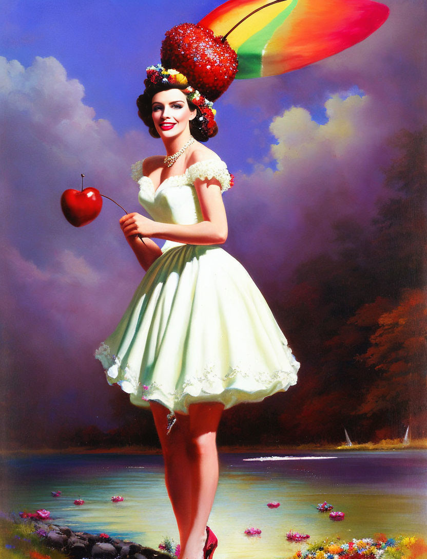 Vintage-style illustration of smiling woman with apple and fruit hat.