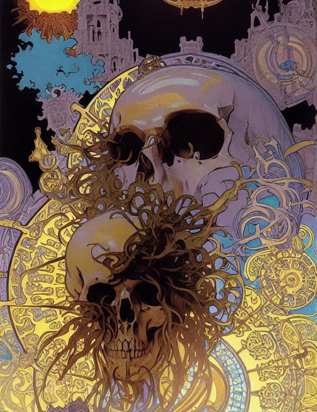 Detailed Illustration of Two Skulls with Swirling Patterns and Clockwork Background