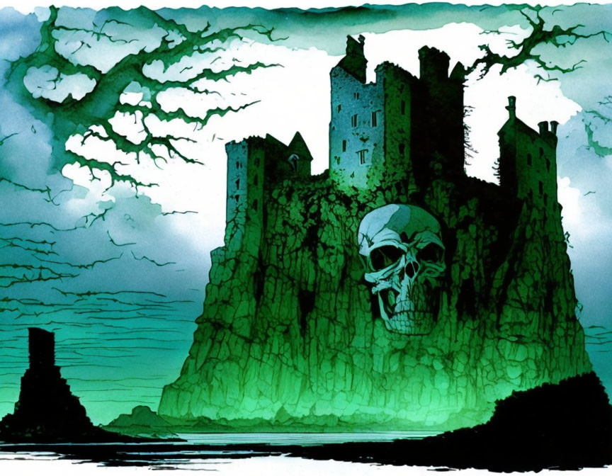 Eerie castle illustration with skull, cliff, and stormy sky