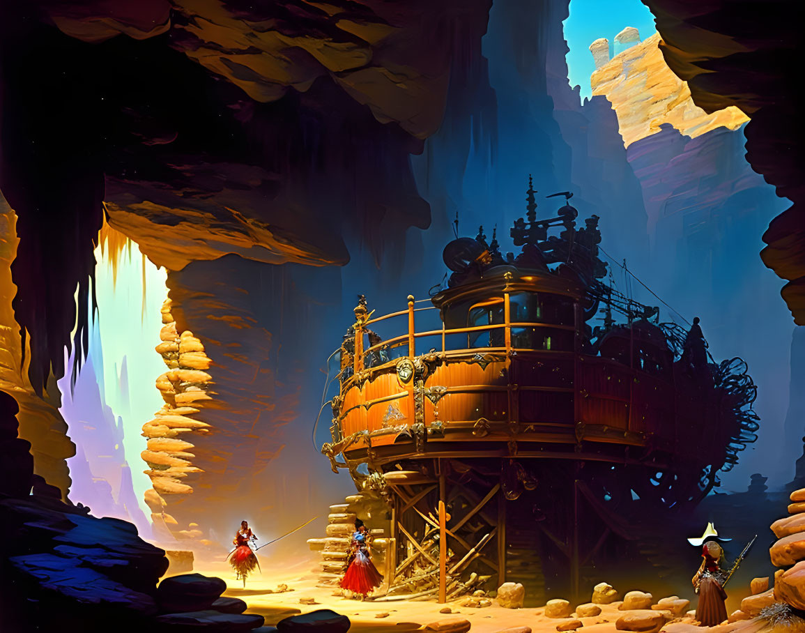 Fantastical underground scene with towering rocks, wooden structure, and two figures in red cloaks.