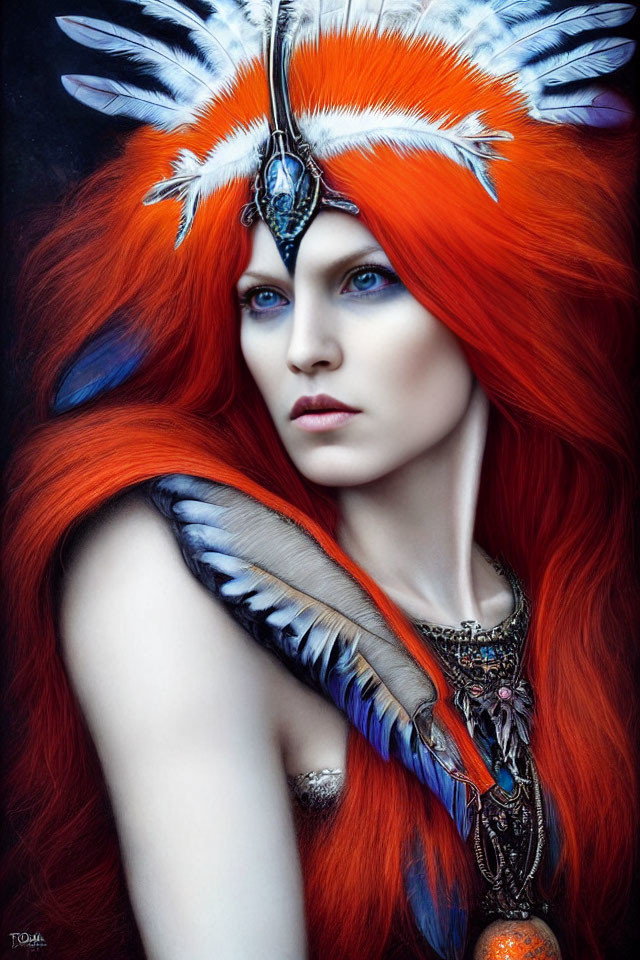 Portrait of a woman with red hair, feathered headdress, blue eyes, and tribal jewelry