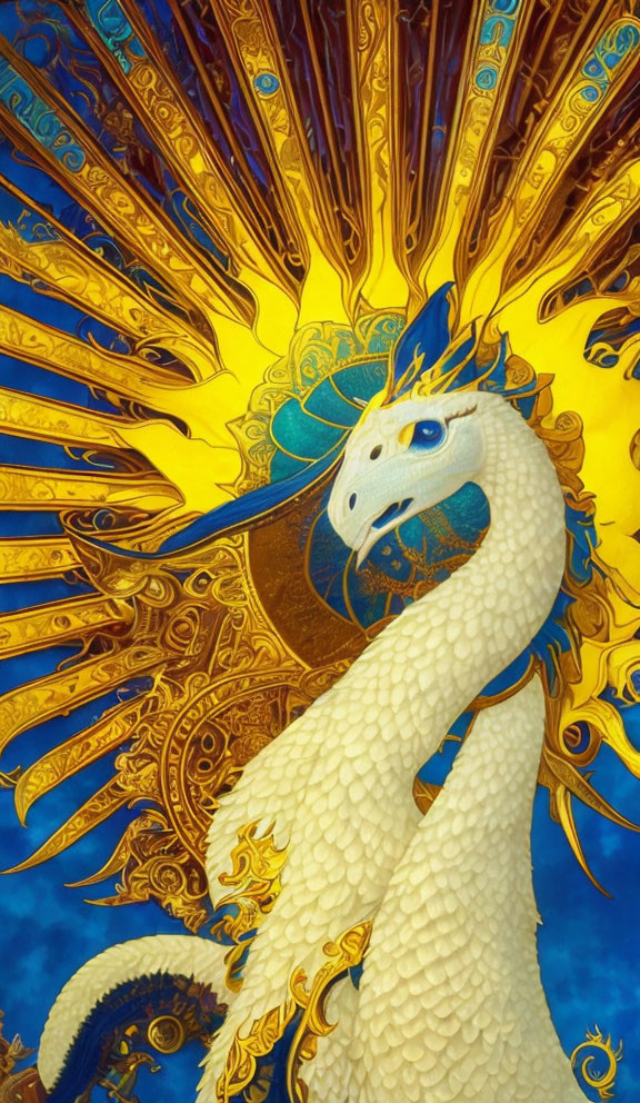 Majestic white dragon with golden mane on blue background