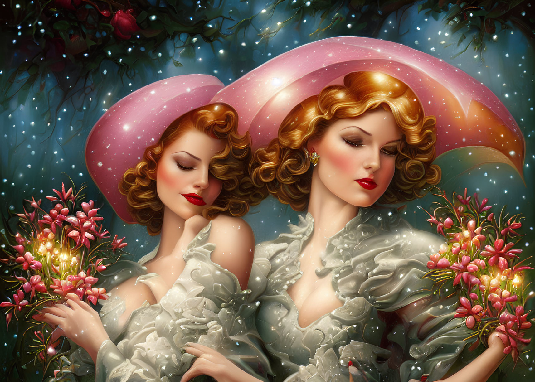 Illustrated women in stylish hats among blooming flowers in dreamlike scene