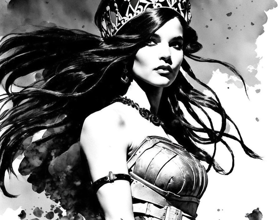 Monochrome artistic portrayal of woman with flowing hair and crown.