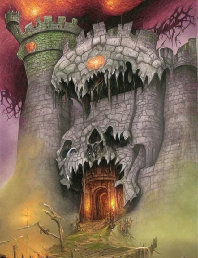 Fantasy Castle with Dragon Skull Entrance in Purple Haze