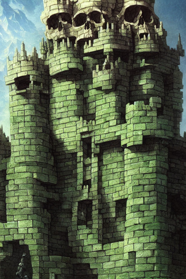 Foreboding Green Stone Tower with Skull-like Structures and Lone Figure