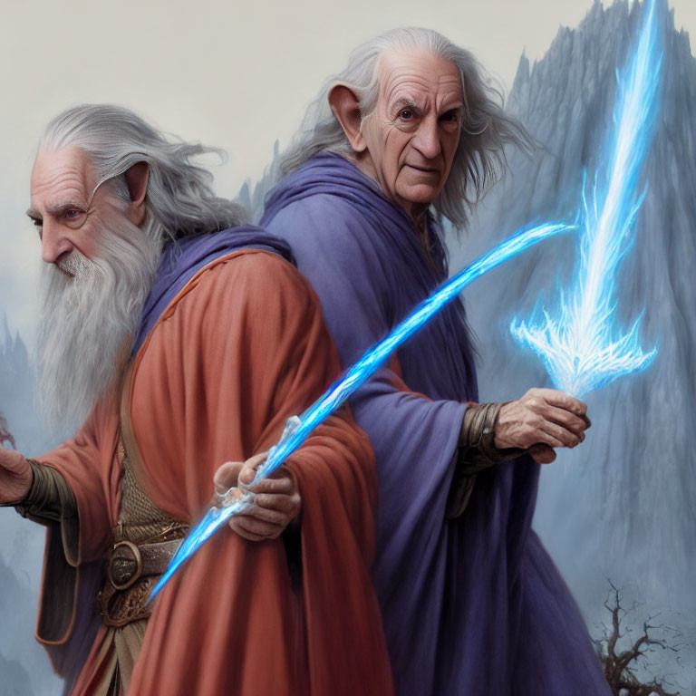 Two wizards in orange and purple robes with long white beards holding glowing blue staves in misty