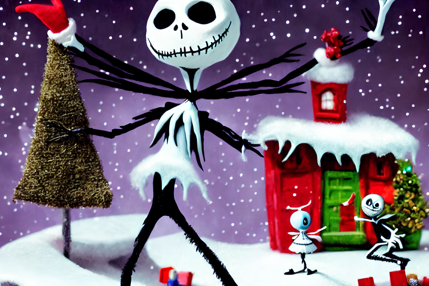 Animated festive scene with skeleton in Santa hat among Christmas decorations