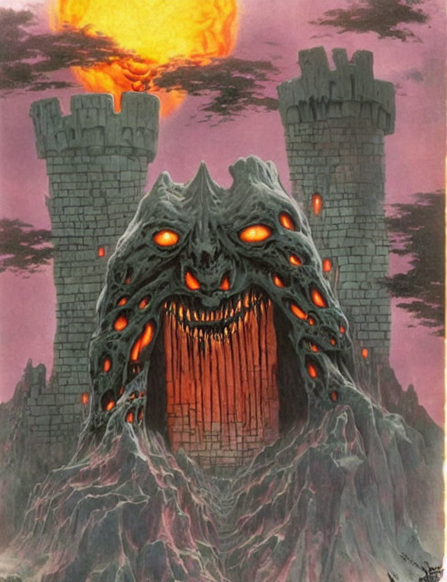 Monstrous face with red eyes and multiple mouths in volcanic landscape