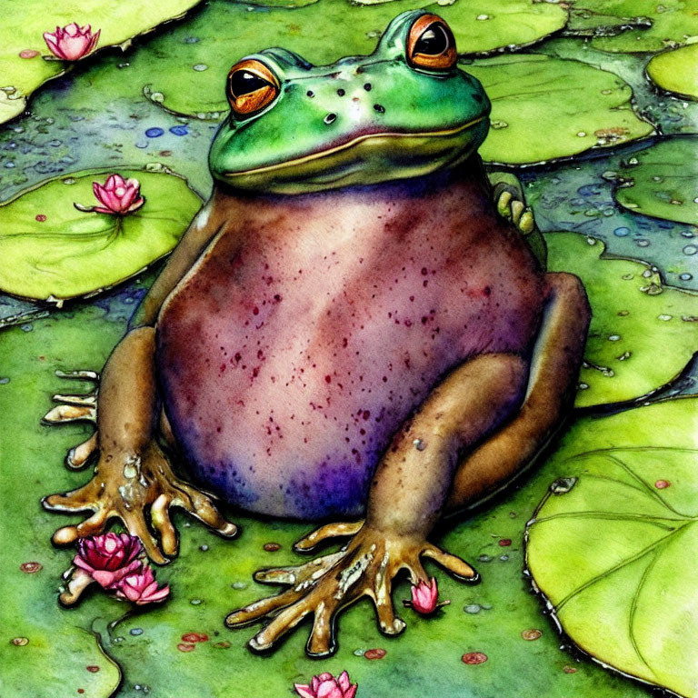 Vibrant illustration of plump green frog on lily pad with pink flowers