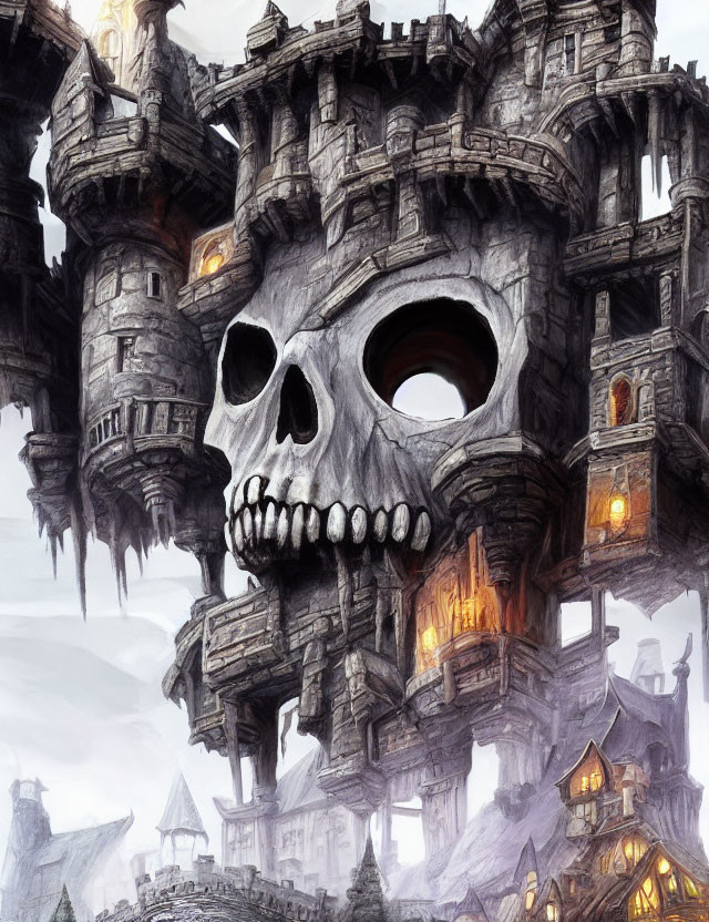 Foreboding castle with skull-like architecture on craggy peak