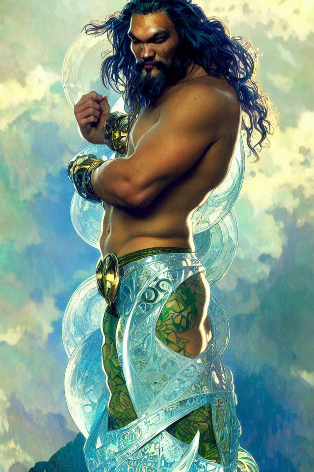 Muscular man in gold and green armor with tattoos, standing confidently among ethereal bubbles against cloudy sky