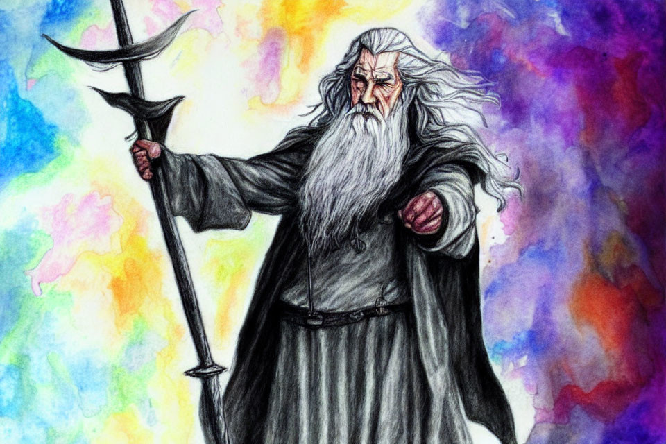 Elderly wizard with long beard and staff on colorful background