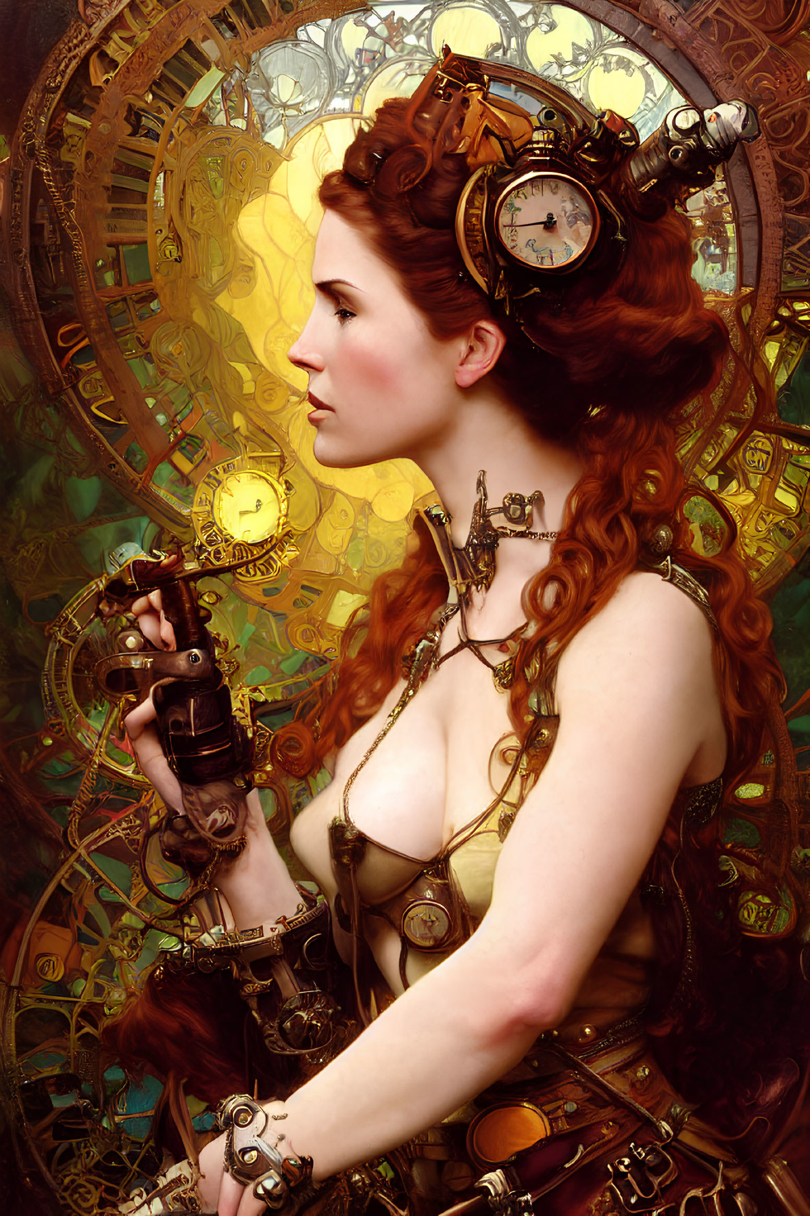 Red-haired woman with gears in steampunk setting holding mechanical device