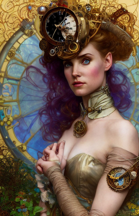 Steampunk-themed woman with clockwork hat in fantasy setting