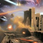 Space scene with spaceships, comets, and celestial phenomena near futuristic buildings