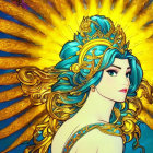 Woman with Golden Wings and Blue Hair Illustration on Vibrant Background