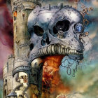 Gothic fantasy castle with skull features and fiery blast in dark, cloudy setting