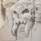 Fantastical landscape with giant skull cliff, castle, and birds