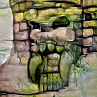 Moss-Covered Stone Structure with Skull-Like Face in Ruins