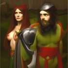 Knight in armor and woman with elf-like ears in fantasy illustration