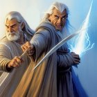 Elderly wizards with staffs conjuring lightning in mountainous setting