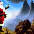 Santa Claus in Red Suit with Sword on Rocky Ledge and Snowy Mountains