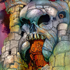 Skull-shaped metallic structure fused with ancient tower in fantastical painting