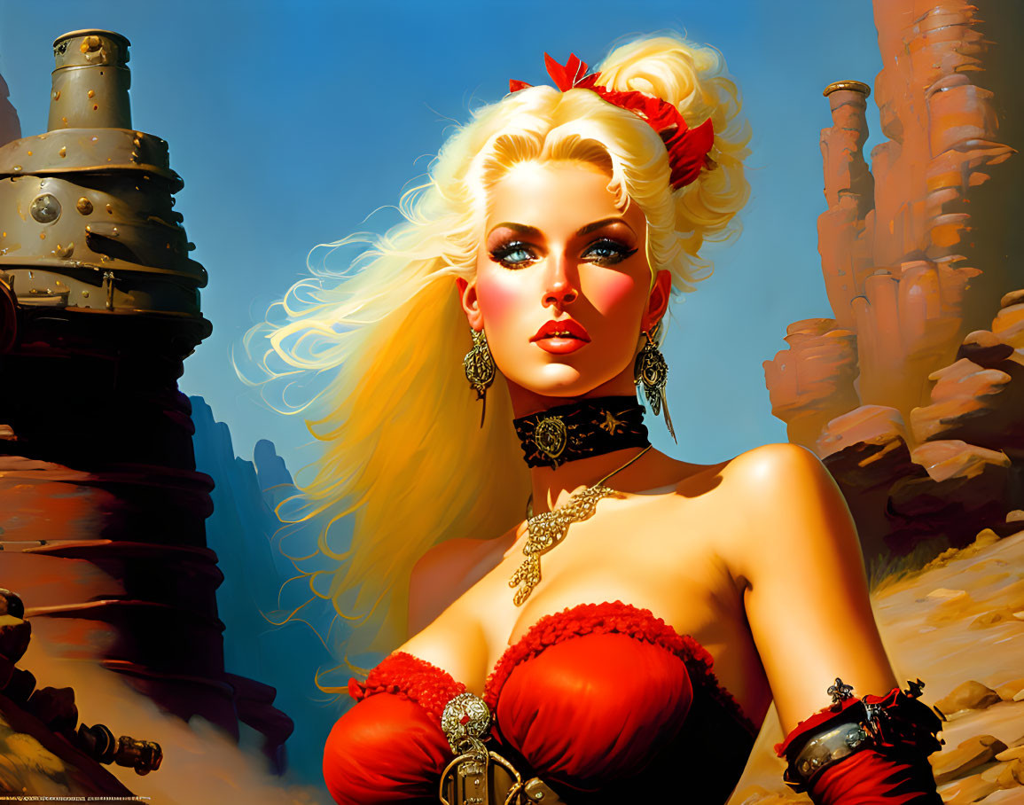 Blonde woman in red dress with flower in hair in desert setting