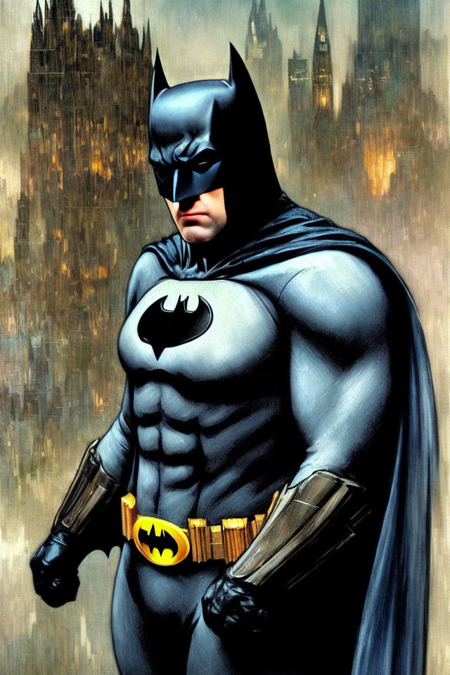 Iconic Batman illustration with bat emblem, confident stance, and gothic cityscape.