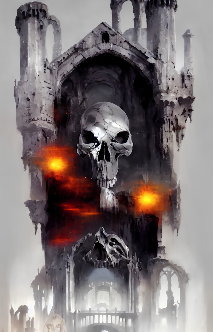 Dark fantasy artwork featuring skull-shaped structure with glowing orange eyes in foggy ruins