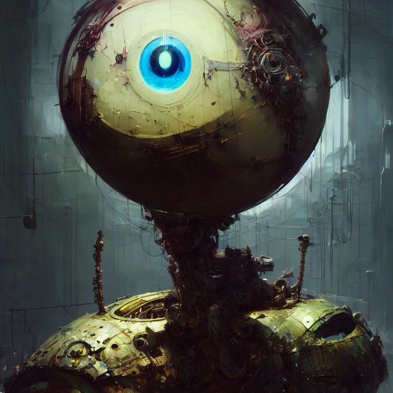 Prominent blue-eyed spherical robot in industrial setting