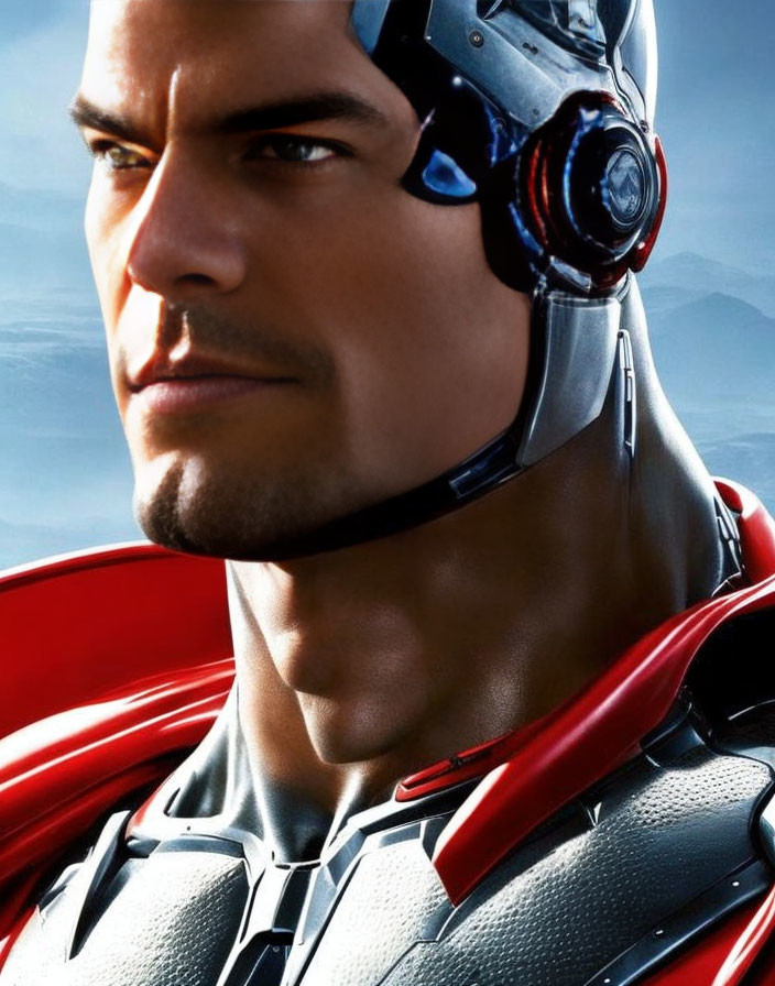 Man in futuristic helmet and red armor on blurred blue background