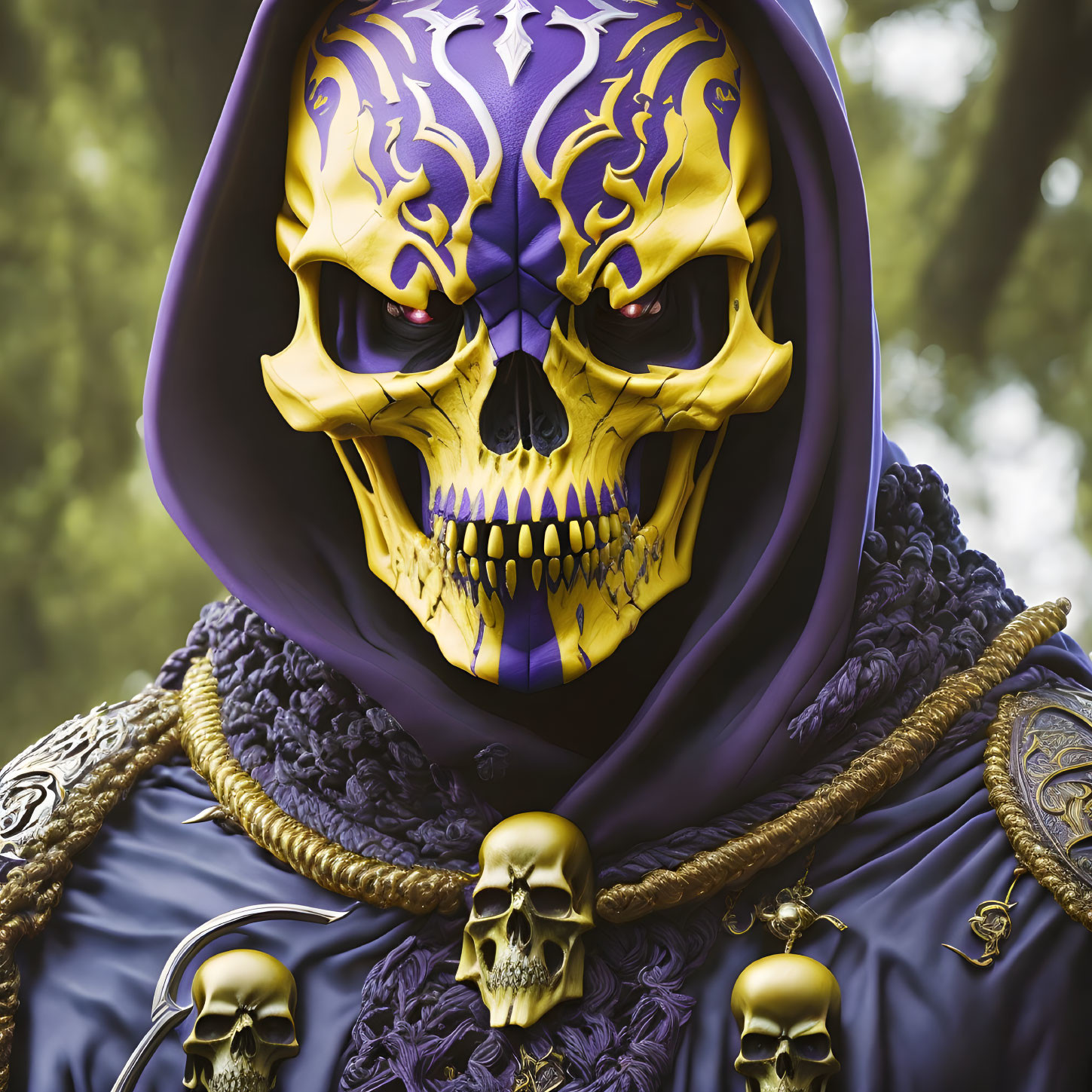 Detailed Illustration: Menacing Skull Face with Purple Markings, Hood, and Ornate Golden Skull