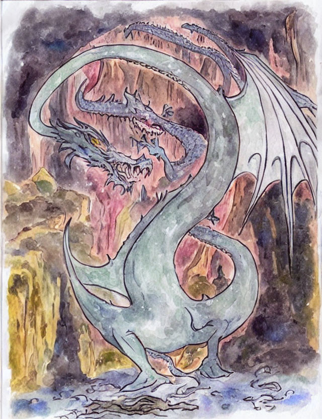 Serpentine dragon with large wings in rocky landscape