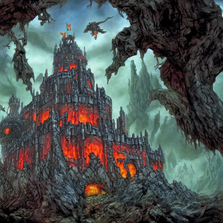 Fantasy castle with lava accents, dragon creature, stormy sky