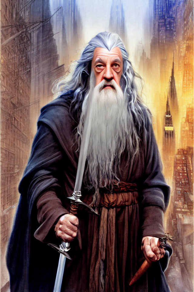 Elderly bearded wizard with sword and staff in cityscape illustration