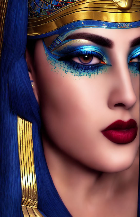 Portrait of Woman with Blue Eye Makeup and Pharaoh's Headdress