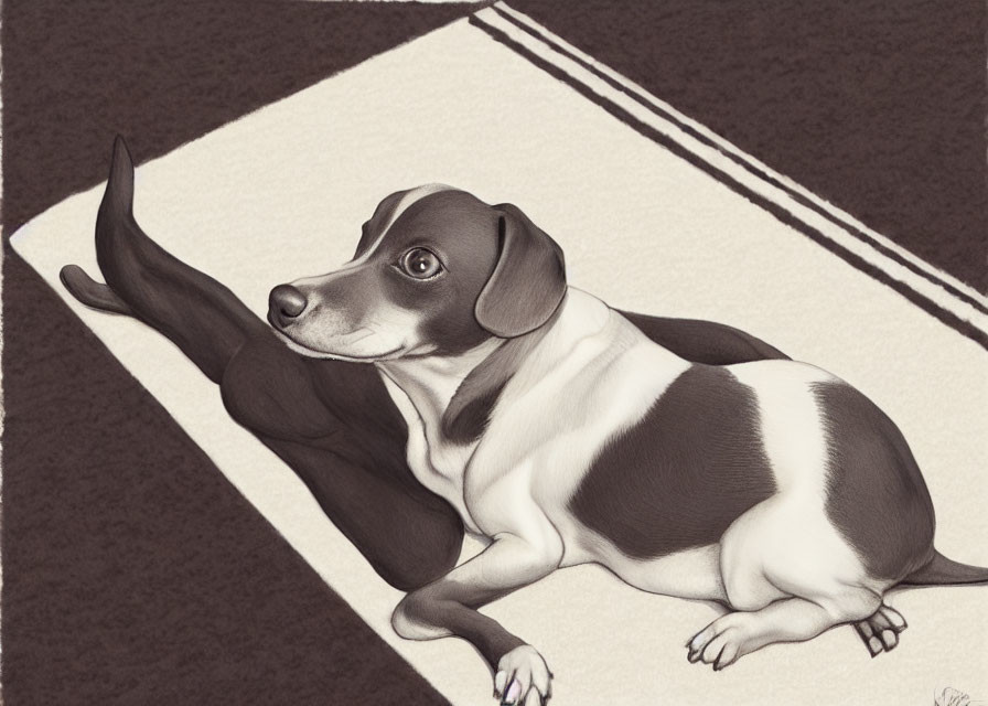 Monochrome sketch of dachshund on patterned rug