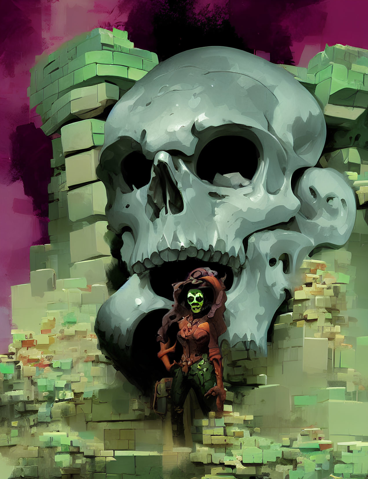 Green-faced character in front of large skull in pixelated ruins under magenta sky