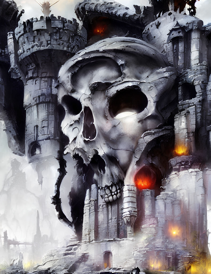 Fantastical artwork of castle merged with giant skull, torches ablaze