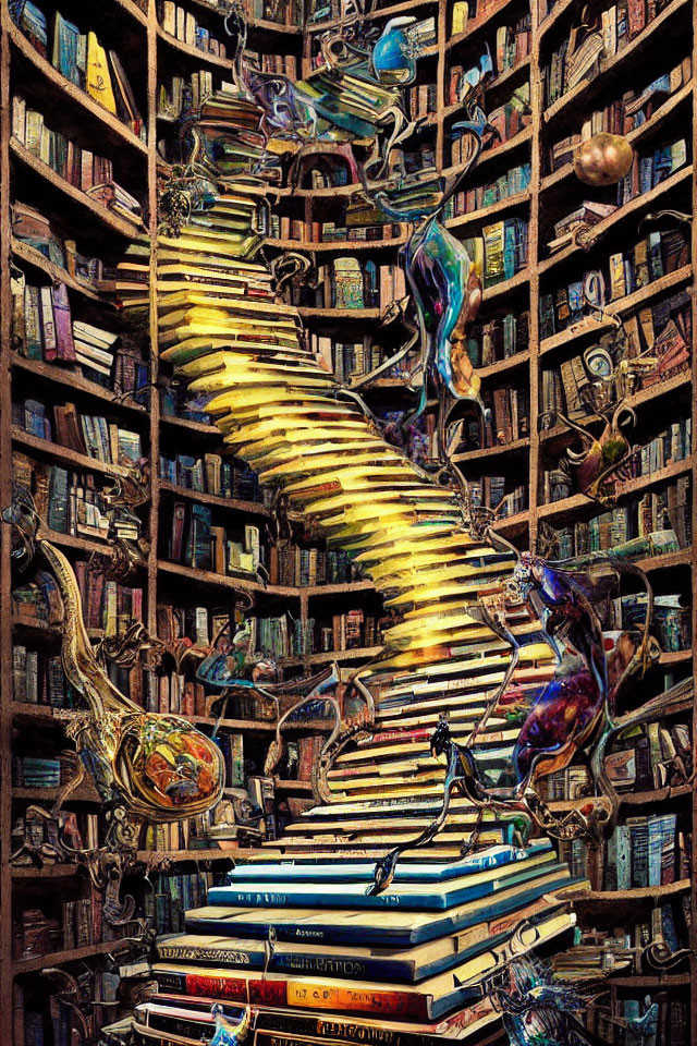 Fantastical library with book staircase, floating instruments, creatures, and tomes.