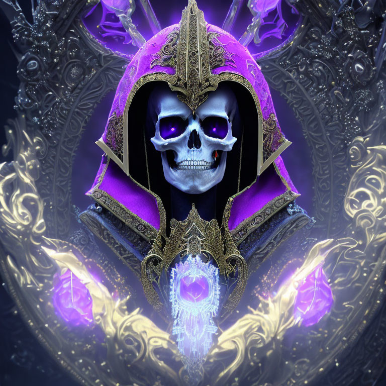 Skull with Purple and Gold Helmet, Silver Patterns, and Blue Orb