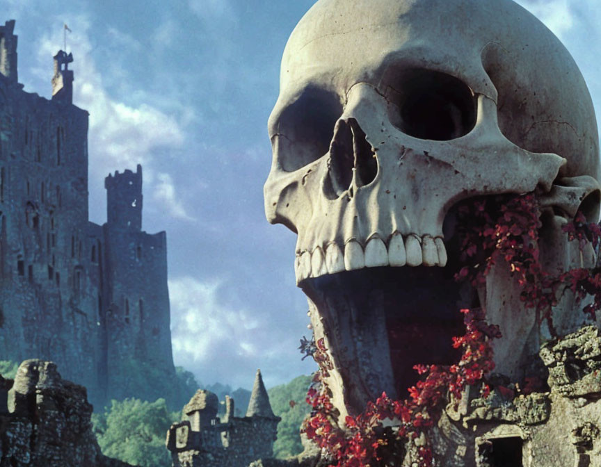 Giant skull and ivy with old castle in misty background - dark fantasy scene