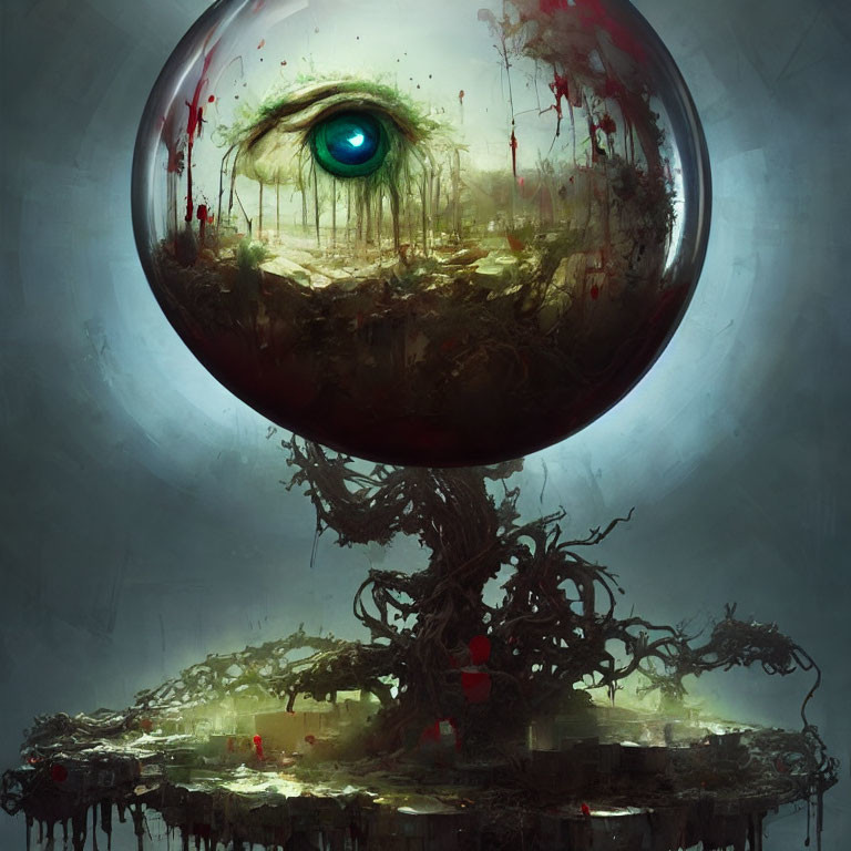 Giant eye in sphere on gnarled tree: surreal floating island scene